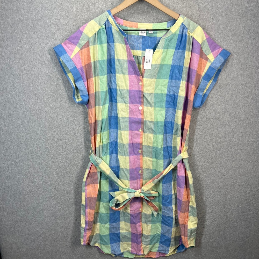 GAP Plaid Shirt Dress Women L Multi Color‎ Linen Blend Belted Mini NWT